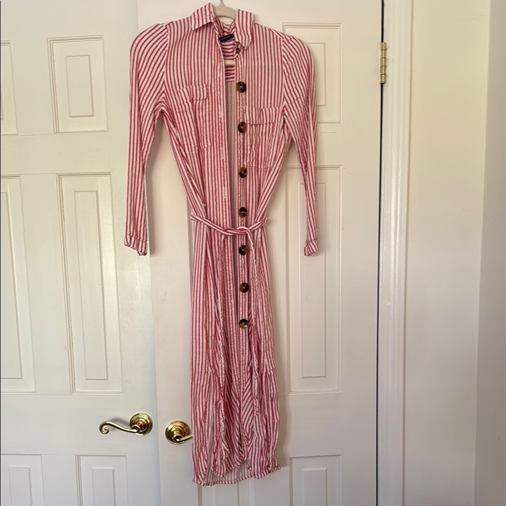 Red and White Striped Button-Down Dress